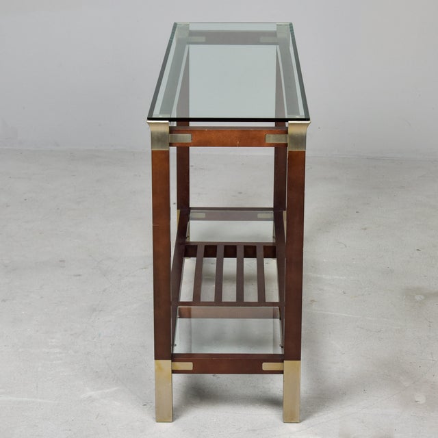 Italian Mid-Century Walnut & Brass Console Table With Glass Top For Sale - Image 10 of 13