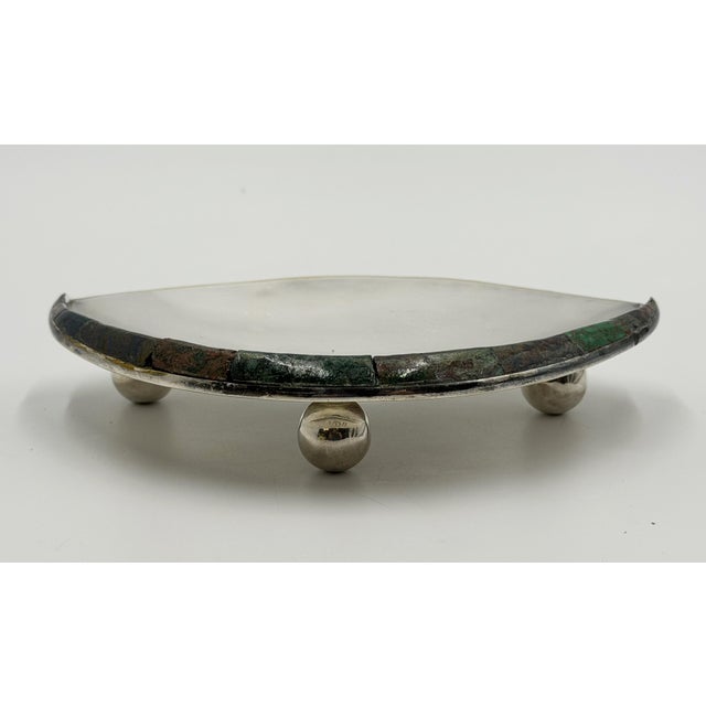 1960s Los Castillo Taxco Silver Plate Tripod Catchall With Lapis & Azurite Stone Inlay For Sale - Image 9 of 18