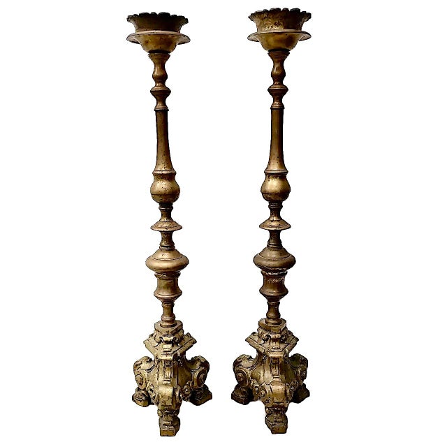 Baroque A Pair of Early 18th-Century Brass Altar/Mantel Candle Holders For Sale - Image 3 of 11