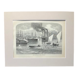 Antique 1874 Wood Engraving "The Mississippi at New Orleans" LA in 11x14 Mat For Sale