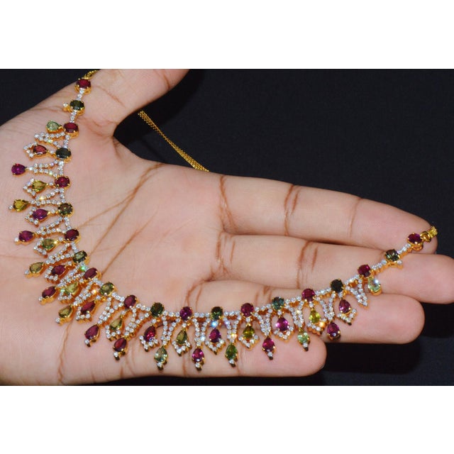 Early 21st Century Certified Natural 26.2CTS VS G Diamond Tourmaline 18K Solid Gold Cocktail Necklace For Sale - Image 5 of 13