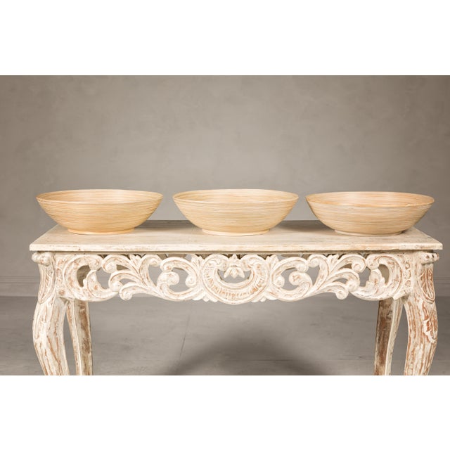 Mid 20th Century Set of Three Country Style Vintage Woven Reed Decorative Bowls in Cream Tones For Sale - Image 5 of 12