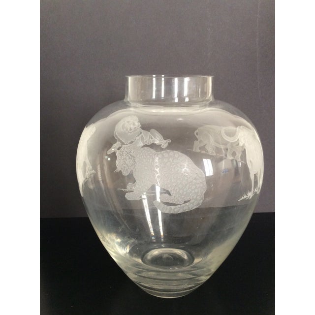 Gorgeous limited edition Perry Coyle glass vase titled “Big Five” features etched glass renderings of a tiger, elephant,...