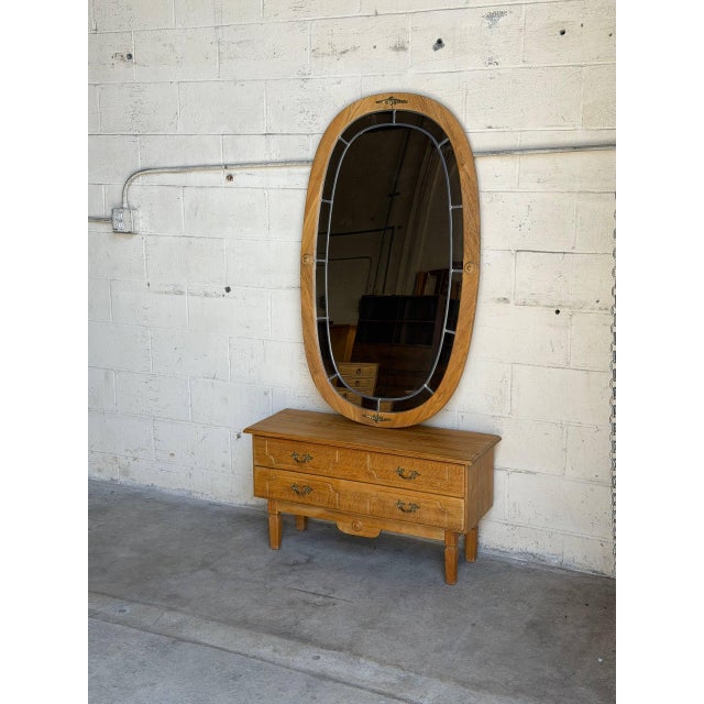 Mid-Century Modern Vintage Danish Oak Entryway Console Table & Oval Mirror Set With Brass Details For Sale - Image 3 of 10
