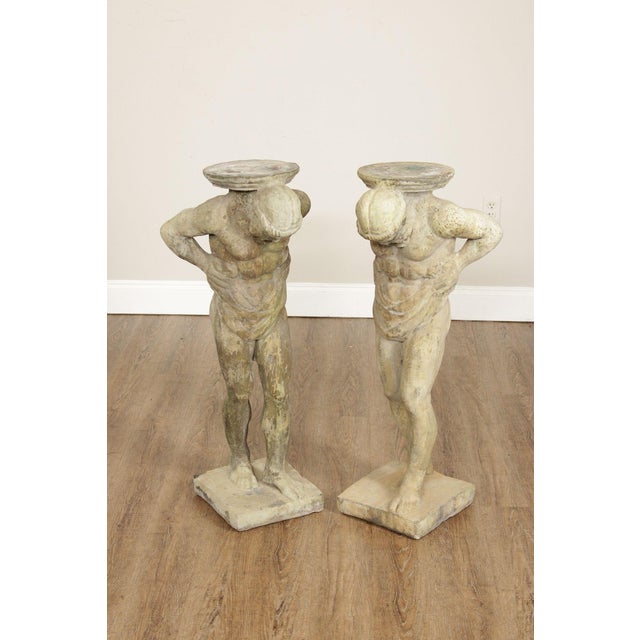 Vintage Pair Of Cast Stone 'Hercules' Figural Garden Statue Pedestals For Sale - Image 4 of 12
