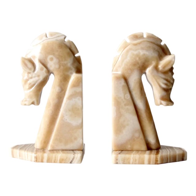 Vintage Art Deco Onyx Horse Head Bookends For Sale
