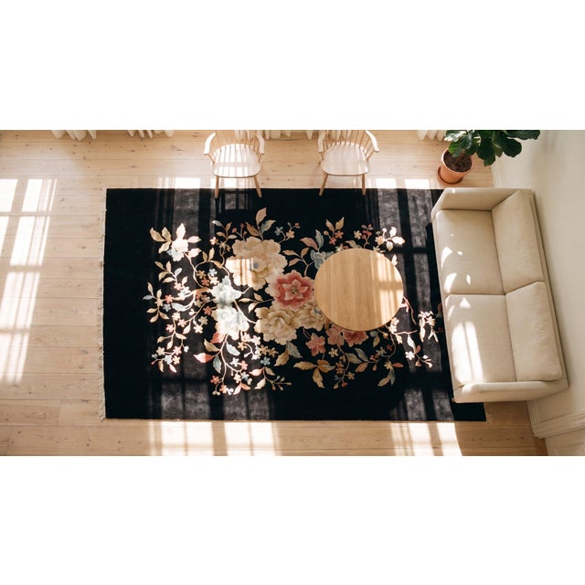 1920s Black Floral Antique Chinese Art Deco Carpet 5'9" X 8'6" by Nichols Workshop Knotted Wool Rug For Sale - Image 15 of 15