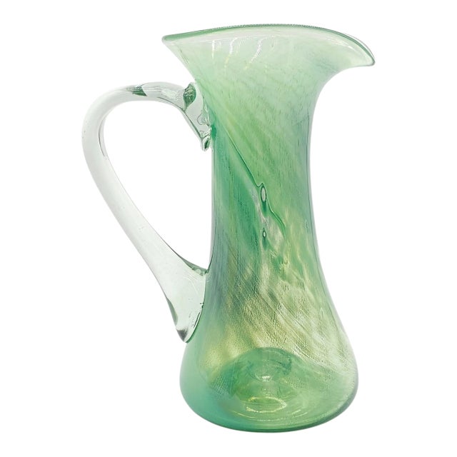 VTG Green Swirl Kerry Craft Hand Blown Drink Pitcher 9.75” Ireland Pulled Handle For Sale