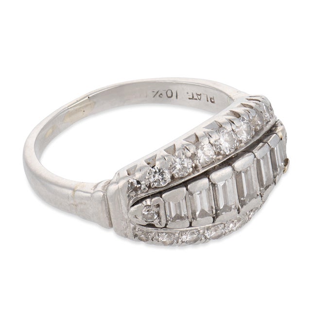 Mid Century Baguette and Round Diamond Platinum Ring, Size 5.75 For Sale - Image 4 of 6