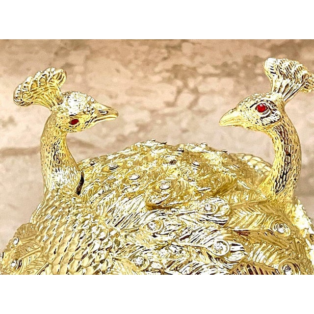 Gold Gold Pierre Lorren Handmade Faberge Egg Style Trinket Peacock Couple Fabergé Egg Style Austrian Crystal Diamond Pure Gold Deco For Sale - Image 8 of 10