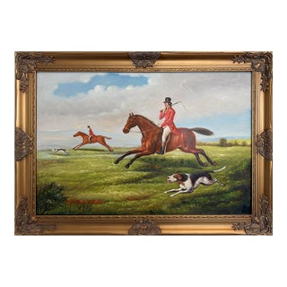Large English Fox Hunting Scene Oil Painting Equestrian Sporting Art, Framed For Sale