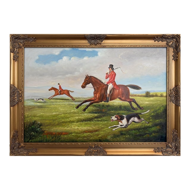 Large English Fox Hunting Scene Oil Painting Equestrian Sporting Art, Framed For Sale