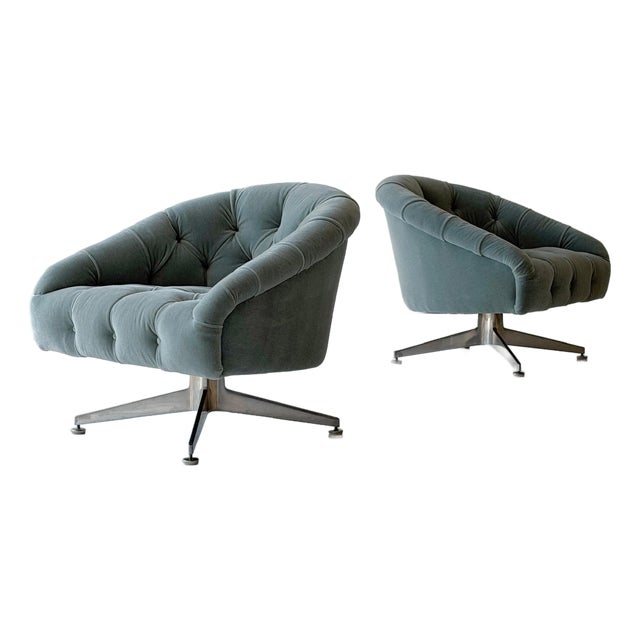 Tufted Mohair Swivel Lounge Chairs by Ward Bennett for Lehigh Leopold For Sale