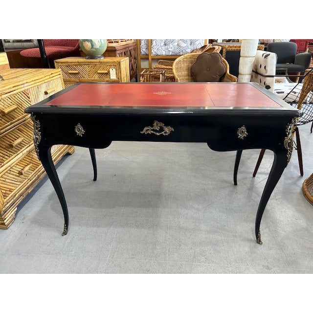 French Louis XV Style Ebonized Desk With Red Tooled Leather Top For Sale - Image 3 of 12