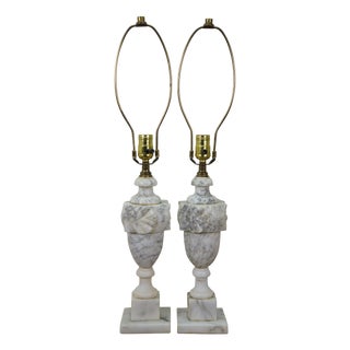 2 Mid 20th Century Gray & White Alabaster Marble Trophy Urn Table Lamps Pair 18" For Sale