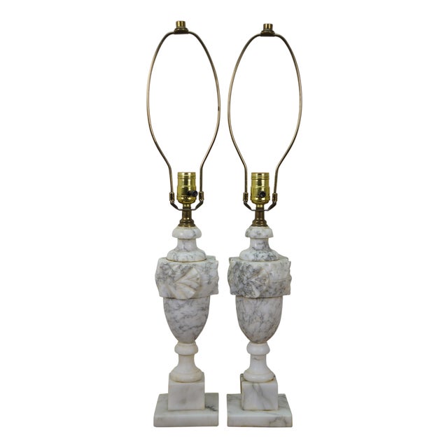 2 Mid 20th Century Gray & White Alabaster Marble Trophy Urn Table Lamps Pair 18" For Sale