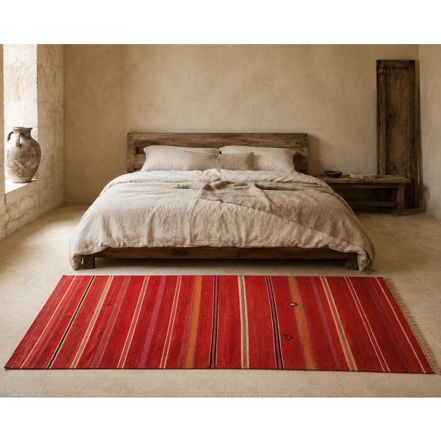 Moroccan Vintage Moroccan Berber Kilim Rug in Burgundy, Pink and Orange Stripes 1960s For Sale - Image 3 of 12