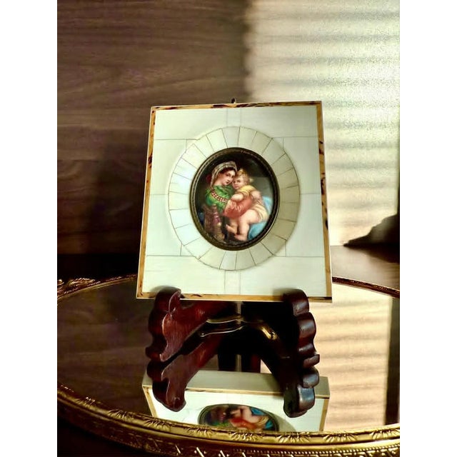 Bone Antique Italian Miniature Porcelain Plaque Hand-Painted Madonna and Child in Bone Frame For Sale - Image 7 of 9
