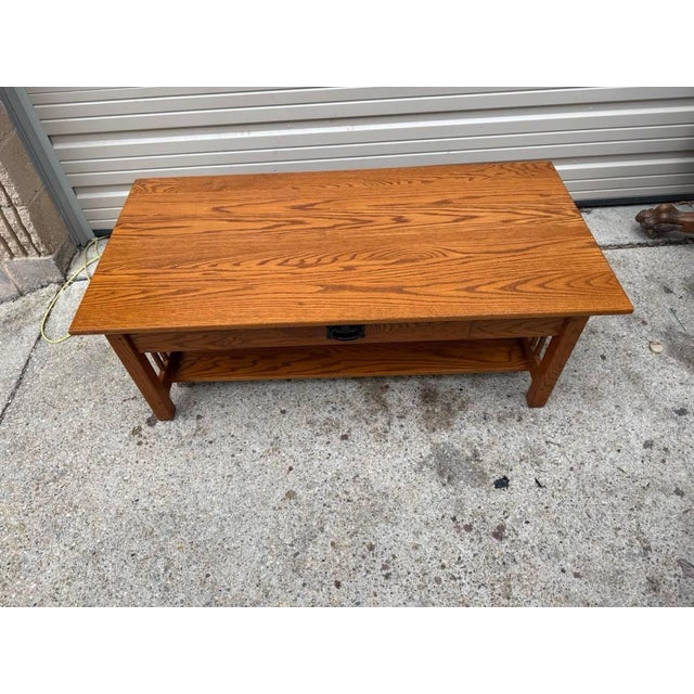 Arts and Crafts Style Solid Oak Oak 2 Tier Coffee Table With Drawer by CVW Amish Furniture Builder. For Sale - Image 11 of 12