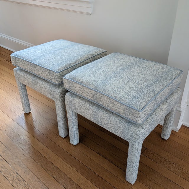 Schumacher Mini Leopard Cloud Blue Parsons Ottomans - Pair For Sale - Image 9 of 13