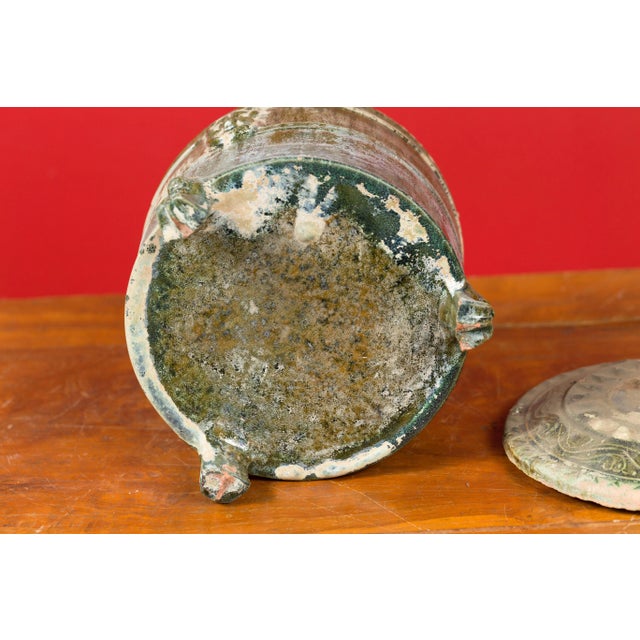15th Century & Earlier 202 BC Chinese Han Dynasty Glazed Terracotta Lidded Vessel with Feet For Sale - Image 5 of 13