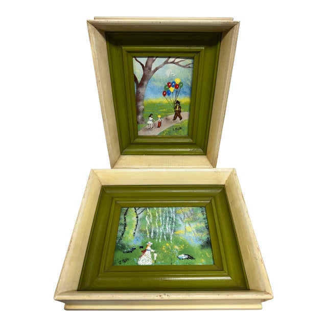 1970s 2 Vintage J. Polk Enamel on Copper Framed Impressionist Paintings For Sale