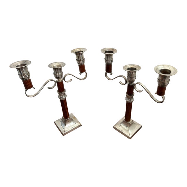 Pair of Mahogany and Silver Plated Candelabras For Sale
