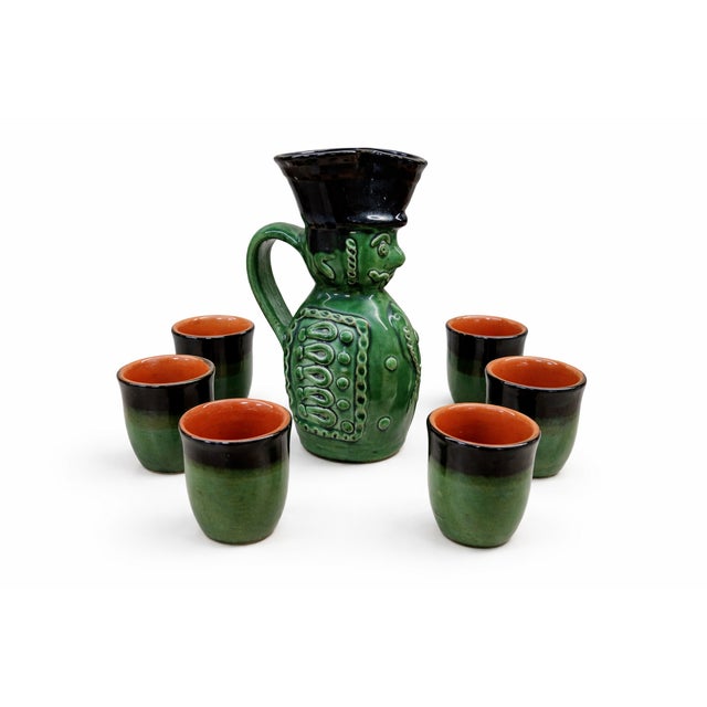 Mid-Century Modern Vintage Hungarian Ceramic Figural Decanter Set with Cups, 1960s, Set of 7 For Sale - Image 3 of 8