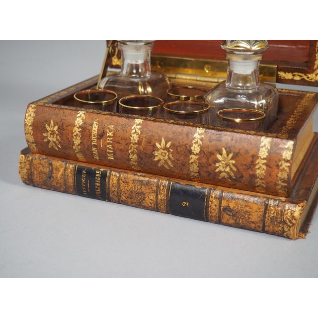 Metal French Leather Faux Book Stack Cave a Liqueur, Circa 1900 - Set of 7 For Sale - Image 7 of 18