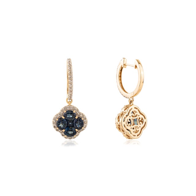 Metal 14k Gold Regal 4.55 Ct Deep Sapphire & Diamond Cluster Drop & Dangle Earrings- 2 Pieces For Sale - Image 7 of 12