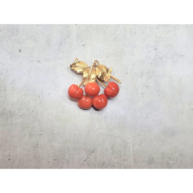 Late 20th Century Vintage 14k Gold Momo Coral Cherry Branch Brooch, Japan, 1980s For Sale - Image 5 of 8