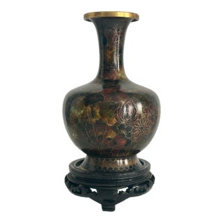 Vintage Cloisonné Vase Earth Tones With Carved Wooden Base For Sale