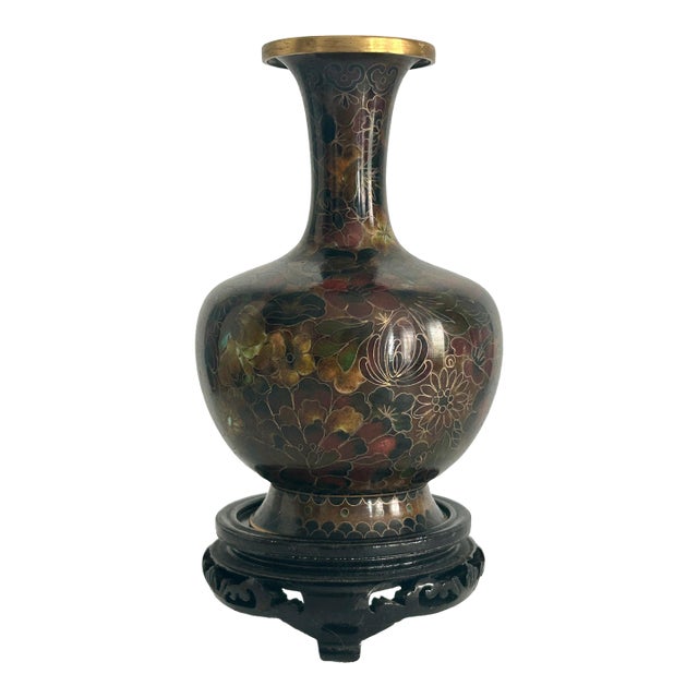 Vintage Cloisonné Vase Earth Tones With Carved Wooden Base For Sale