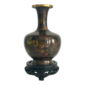 Vintage Cloisonné Vase Earth Tones With Carved Wooden Base