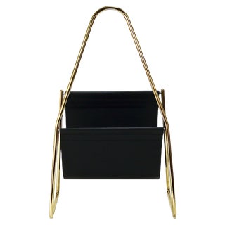 Mid-Century Magazine Rack in Brass and Black Leather attributed to Carl Auböck, Austria, 1950s For Sale