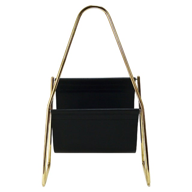 Mid-Century Magazine Rack in Brass and Black Leather attributed to Carl Auböck, Austria, 1950s For Sale