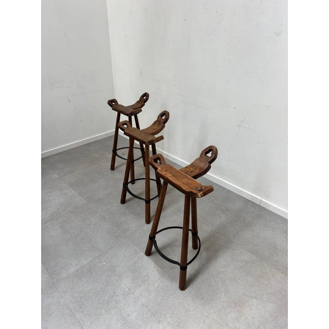 Wood Vintage Spanish Brutalist Oak Marbella Stools, Set of 3 For Sale - Image 7 of 8