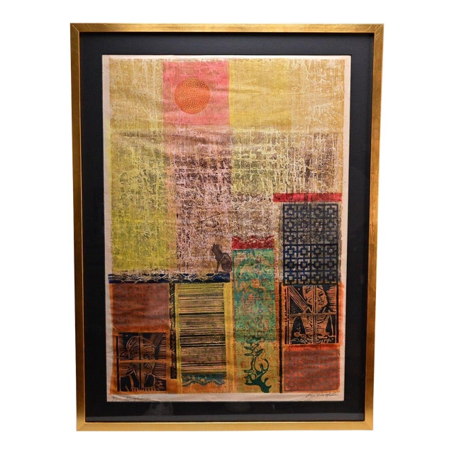Mid 20th Century Viggo Holm Madsen Original Abstract Signed Multi-Media Woodcut Etching For Sale