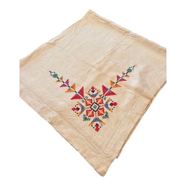 Vintage Hand Embroidered Linen Tablecloth-a Geometric Folk Inspired Cross Stitch Design For Sale