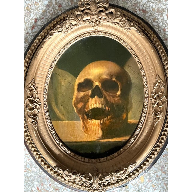 Vintage Skull Oil Painting in Ornate Frame For Sale - Image 11 of 12