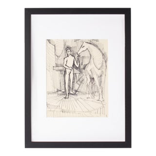 1960s Ink Drawing of a Man With Horse by Harry Hilson For Sale