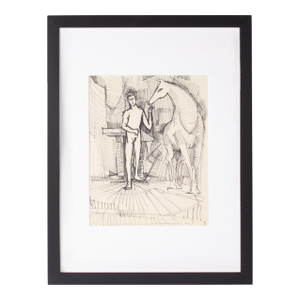 1960s Ink Drawing of a Man With Horse by Harry Hilson