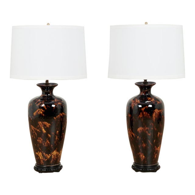 Vintage Pair of Faux Tortoise Table Lamps For Sale