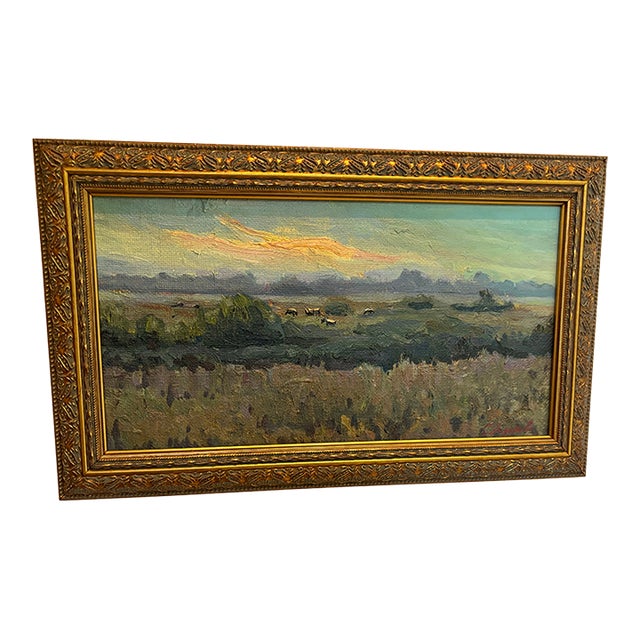 Signed European Impressionist Pastoral Oil Painting With Cows, Framed For Sale