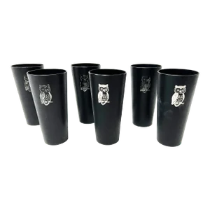 Ultra Mid Century Modern Nasco Kitschy Black Plastic Tumblers With Silver Owl Motifs - 6 Pieces