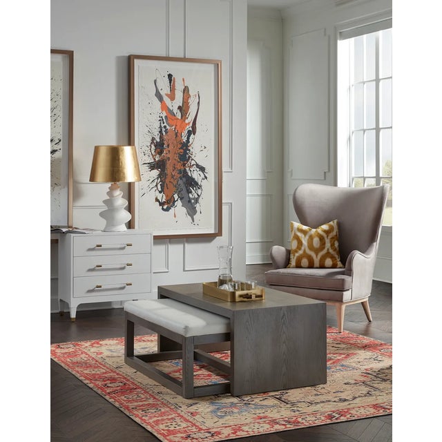 Metal Matthew Izzo Home Amber White Linen Side Table With Acrylic and Antique Brass Drawer Pulls For Sale - Image 7 of 8