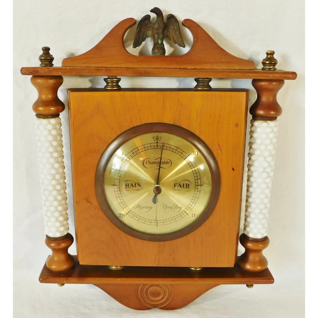 Wonderful vintage mid century German solid oak wood, brass, and milk glass weather station wall plaque. Solid oak wood...