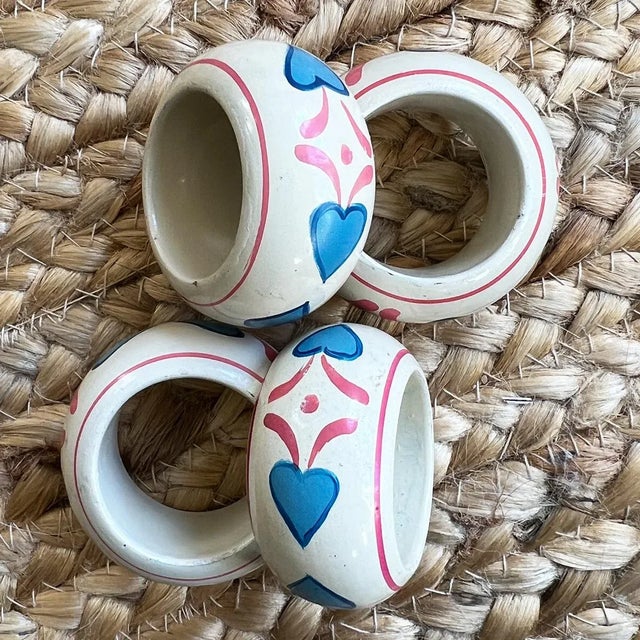 Postmodern Hand Painted Pink and Blue Heart Napkin Rings - Set of 4 For Sale - Image 3 of 4