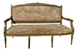 1950s Louis XVI Style Giltwood Settee With Scenic Tapestry Upholstery