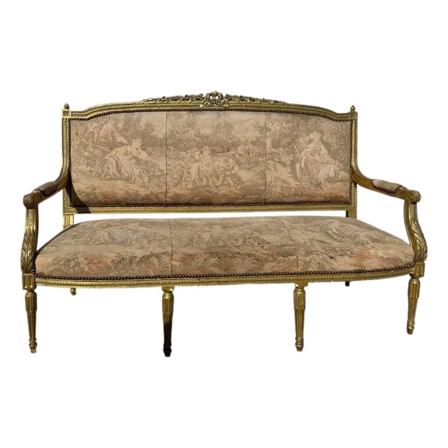 1970s Louis XVI Style Giltwood Settee With Scenic Tapestry Upholstery For Sale